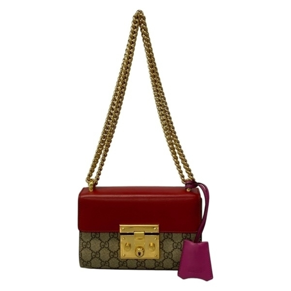 Gucci Shoulder Bag Padlock GG Supreme Leather Red Beige Multi Chain
